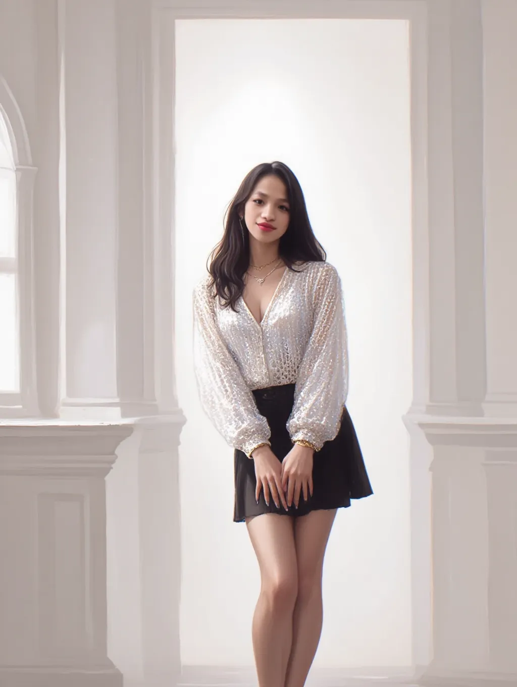 /whole body photoshoot of a k-pop girl at a church, revealing chest, revealing thighs, symmetrical eye, highly detailed eye, young face, cute, adorable, wavy hair, ear show, symmetrically beautiful small face, victoria's secret, sharp jaw, looking at the camera, 8k, camera flash,