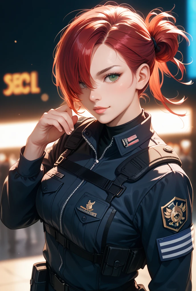 (highest resolution, distinct_image) best quality, cyberpunk, 30-year-old handsome and cold woman (casual pose) (holding gun) (huge spaceship behind), masterpiece, semi-realistic, , short red hair, curly hair, blue Eyes, cold eyes, tall and strong, handsome, black clothes, black uniform, military uniform, black jacket, black trousers, military school, cold, serious, tall, handsome, autocratic, powerful, overwatch
