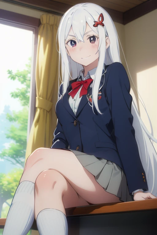 Rias Gremory with long silvery-white hair, crystal blue eyes and school uniform in the style of the anime HigSchool DxD