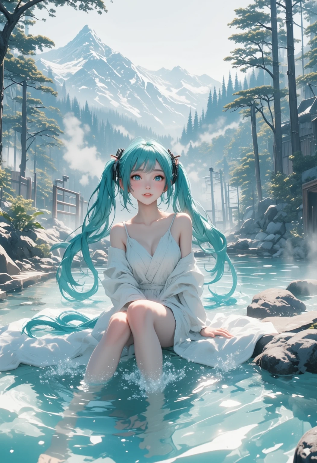 Beautiful elven women bathing and frolicking in a lake surrounded by greenery、Close-up