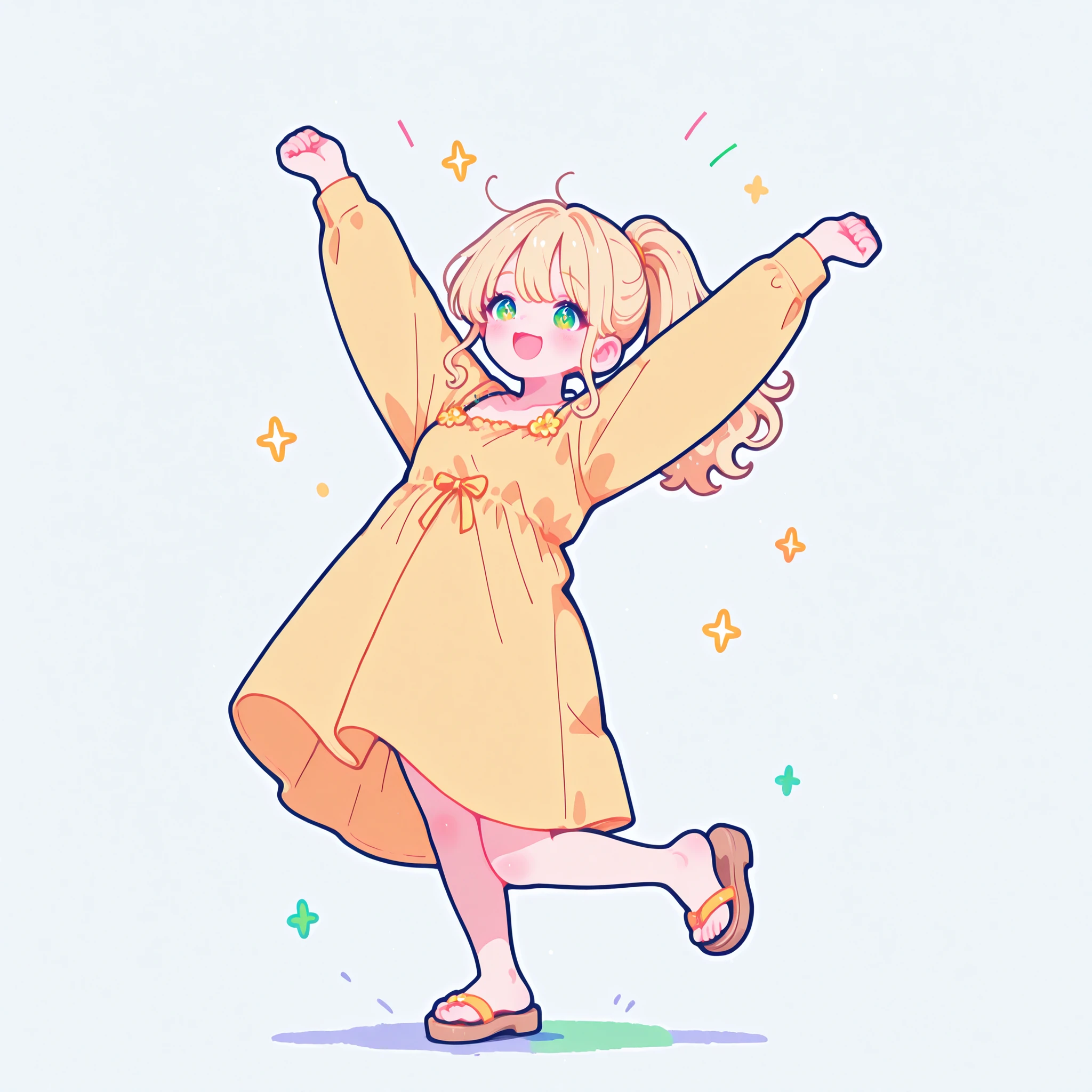 masterpiece, best quality, ultra detailed, high resolution, intricate details, sharp focus, smooth shading, professional lighting, vivid colors, clean lineart, anatomically correct, beautifully detailed eyes, no artifacts, 1girl, full body in frame, white background, long wavy hair, ponytail, blonde hair, joyful, smiling widely, eyes sparkling, green eyes, yellow sundress, sandals, side view, mid-air jump, arms thrown up in celebration, one leg bent