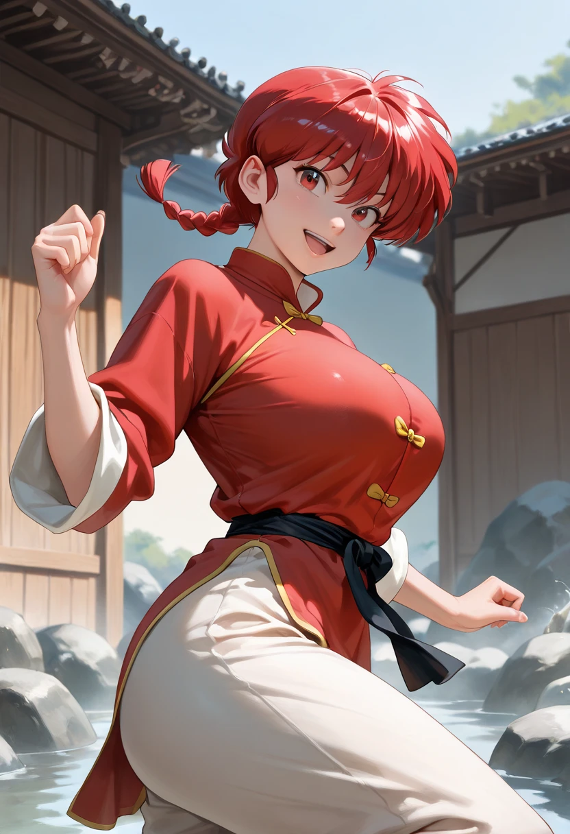 official art,anime screen cap、Super thin illustration、 High resolution, muste piece, best quality,best quality,high quality, detailed, thighs, Foots,  (red hair、:1.2)、 shiny hair, (Chinese style dress cosplay uniform suit), cool pose, (厚いthighs、big ass、very huge breasts),(((bar)))、grinning grin、ultra fine painting, (best quality, In 4K, 8K, High resolution, muste piece:1.2),Gintama、Kagura