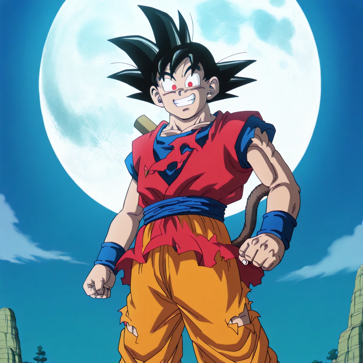 Anime coloring, (masterpiece, best quality, very aesthetic, very high resolution), one boy, solo, Goku, , spiked hair, black hair, red eyes, ripped orange tunic, blue wristband, orange pants, body staff, smile, standing, looking at the viewer, Goku sees the full moon and becomes emaciated while transforming into a great ape