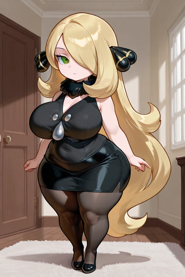 contrap post, Front view, whole body, super long hair, blonde hair, Fox_ear, alone, (((huge saggy breasts, Giant Ass, wide hips))), ((Black Sister clothes))
