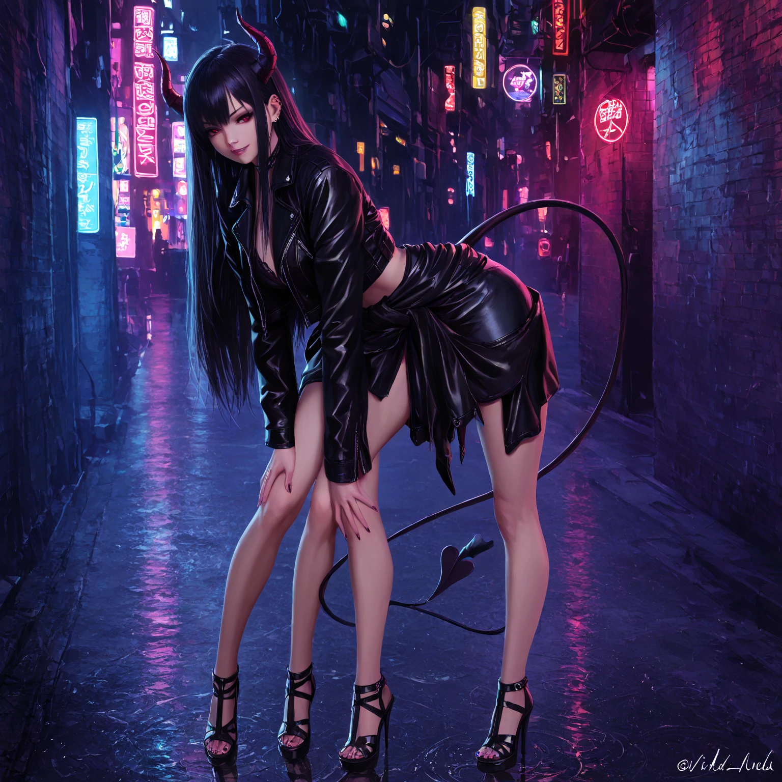 NSFW、One Girl、(20-year-old woman)、Cat ears headband、Anal plug in the anus、Anal plug with cat tail、Black enamel high leg suit、Ultra-thin suit、Skin is transparent、squat、Cat Pose、Black cat、City、Back alley at night、Green Eyes、Beautiful eyes、Laugh with fangs out、Faces aiming for prey、View from below