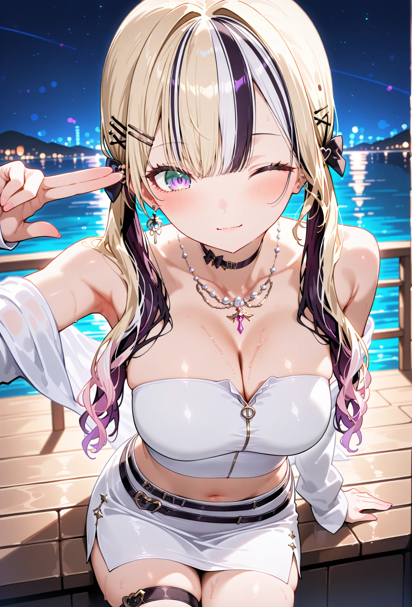 1girl,alone,masterpiece, 最high quality, high quality,delicate features,,beautiful girl,hyper_detailed,(((game CG))), finely detaileded beautiful eyes and detaileded face,Glossy skin, One_girl,, smile,blush,Open_mouth,:3 、(baby face)。pool、((big breasts)),lolli、female brat、(evil smile)、,((night))、blonde、(swimsuit)、brown eyes,long hair,extreme close up、chast focus