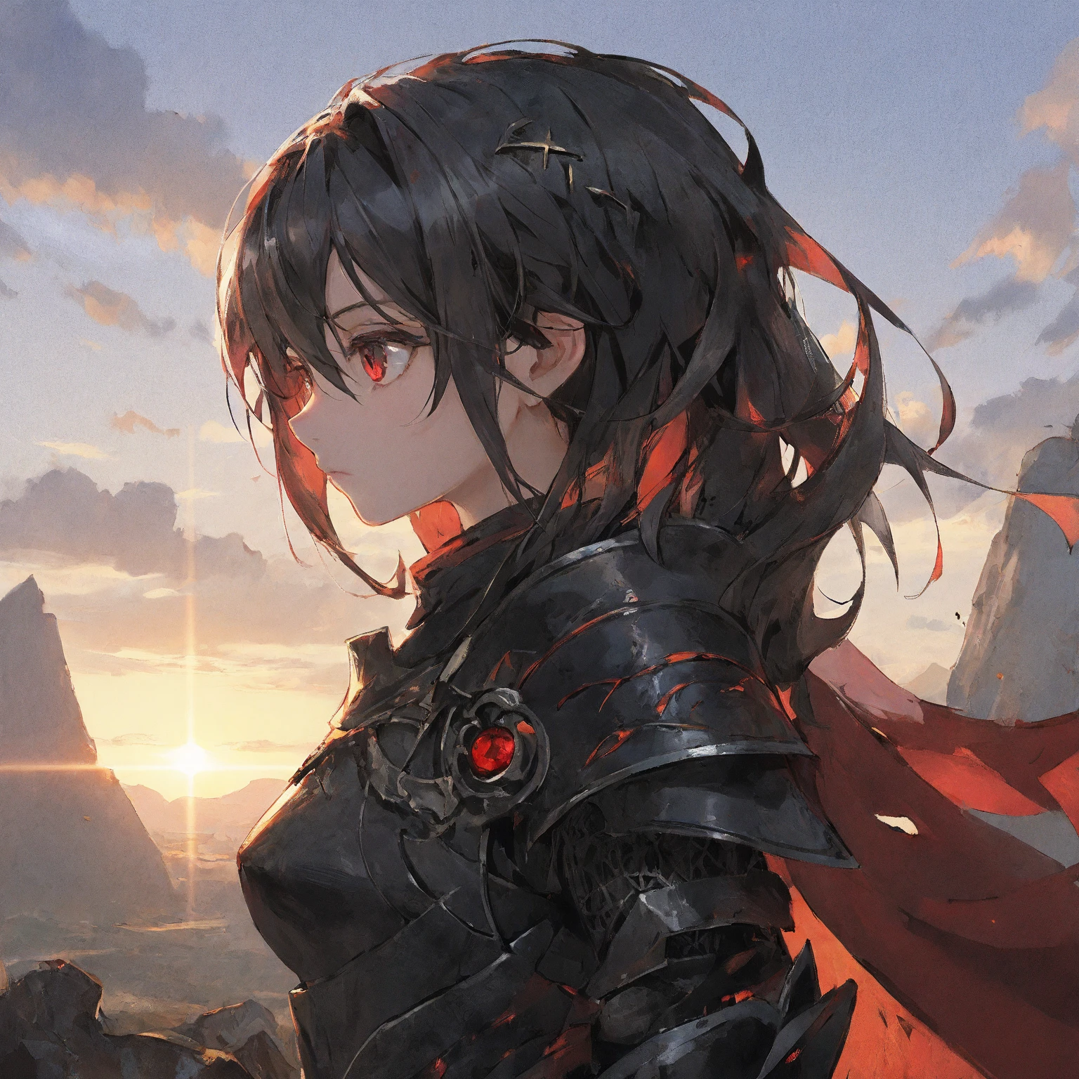 ((masterpiece)), (illustration), (highres), (((best quality))), ((ultra-detailed)), depth of field, profile, ((bust shot)), looking at the viewer, (1girl), (solo), expressionless, ((bishoujo)), (beautiful detailed red eyes), (disheveled hair), black hair, ((medium breasts)), hair between eyes, long hair, (complex pattern), ((sharp black armour)), ((sharp black shoulder armor)), (gorgeous shoulder armor), (red shining rune details on armor), (red torn cape), (ruins), cloud, (sunset), lighting particle, (breeze), ((embers)), detailed background, (surrounded by many beautiful detailed red crystal), mountain,