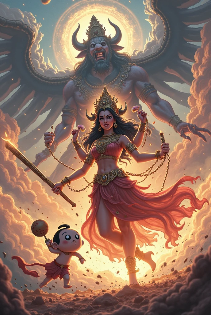 Ma kali saving kids from negetive.trisul and other weapon in her hand. kids are happy when she save them 
