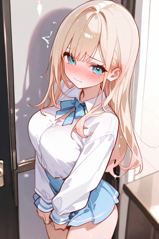 Highest quality,masterpiece,masterpiece portrait,Upper Body, Blonde、Blue Eyes、Pink lips、、White shirt、Black Ribbon、Sexy atmosphere、cartoonist、(((Slightly erotic)))、、smile、Anime Style、Beauty、Her background is monochrome black、(((Front view)))、Looking up,oil
