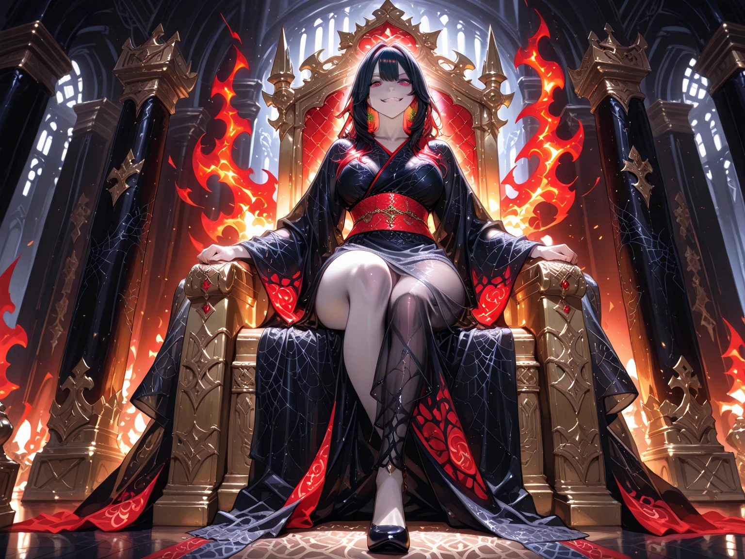 Japanese daemon woman (highly detailed face 1.6), (detailed legs 1.2), (detailed feet 1.2), hourglass body, dark skin, ultra detailed, large breasts, dynamic hair, long straight hair, sitting atop a pile of skulls in a japanese forest, dark, gritty, evil, flames, beautiful image, dark robes with much detail, dark anime, highly detailed, maximalist,