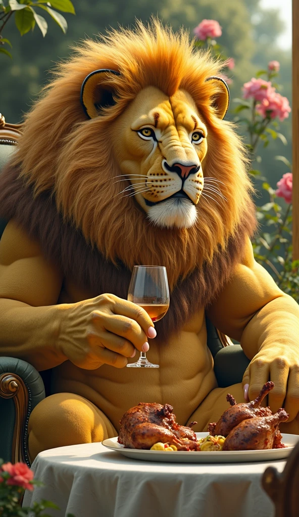 Lion, Black Hair, Red eyes, wing, Very monstrous　Powerful Warrior　Eat steak　wine glass with red wine　restaurant　dinner　(((masterpiece))), (((highest quality))), ((Super detailed)), (Highly detailed CG illustrations), ((Very delicate and beautiful)), Cinematic Light,((1 person)), alone, (Upper Body), (Character Focus), Absurd, High Contrast, Very detailed, colorful, Most detailed, SF,  Six Pack Abs, Broad bear chest, topless, Add details,