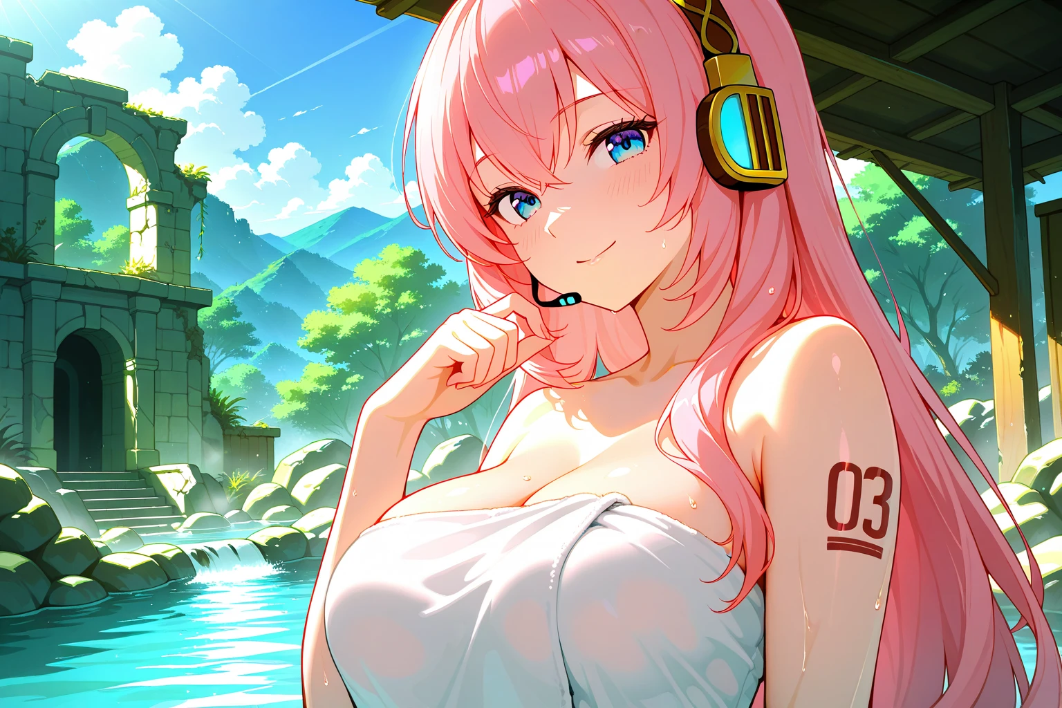 (masterpiece),(intricate details),1girl,mature female,medium breasts:1.39,tired face,brown eyes BREAK lukamegurine, luka megurine, blue eyes, big headphones, long hair,ni clothes pink hair, (medium breast:1.2), BREAK arm warmers, armband, (TOTALLY NAKED GIRL) no shirt, no clothes, bare shoulders, black panties (suggested by the context of no wearing clothes, potentially visible in this setting), midriff, navel, totally exposed breasts, shoulder tattoo, ((reclining on a serene countryside path winds through fields of blooming wildflowers, In front of a tree, inviting peaceful walks amidst a natural tapestry of vibrant colors and gentle fragrances.)),((upper body,portrait)),from above:1.4 BREAK day,sun,rainbow,((cumulonimbus)), depth of field,looking at viewer