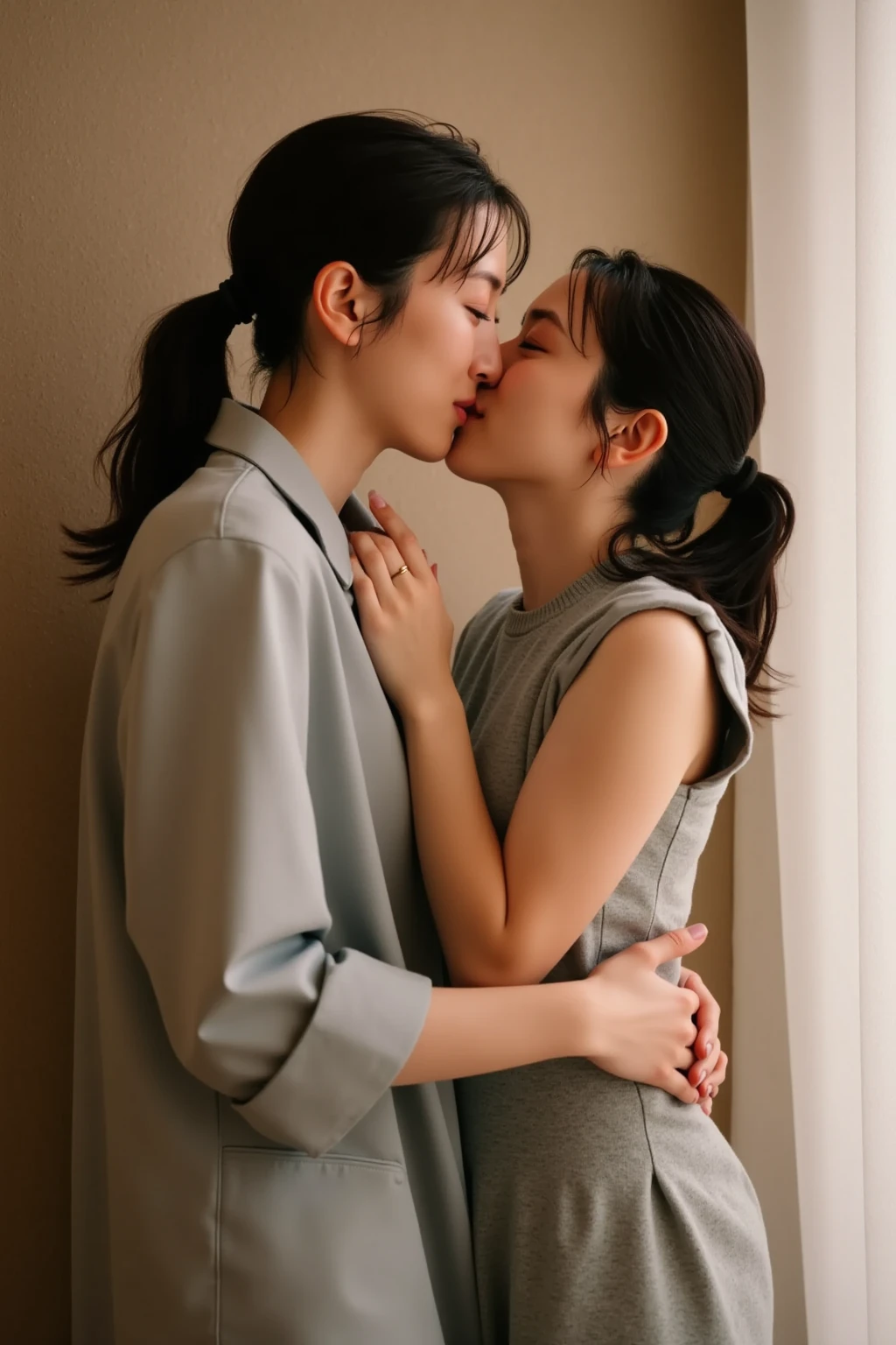 NSFW, (((quality, photographic realism, masterpiece))), (1 middle-aged man and 1 woman, couple:1.5), 흰색 오버사이즈 티shirt를 입은 19세 소녀, large_shirt, dark blue ponytail, height 165cm, giant , butt augmentation surgery, fitness model, Shy and nervous expression, reddened cheeks, wheezing, breathe, The whole body was soaked, ((she leaned against the wall, , Hiding Hands Behind Your Back)) 。주황색 shirt를 입은 50대 중년 남성의 경우, (A man hugging a woman from behind:1.5), (Men and women&#39;body:1.5), in the alley at night, watching from above.