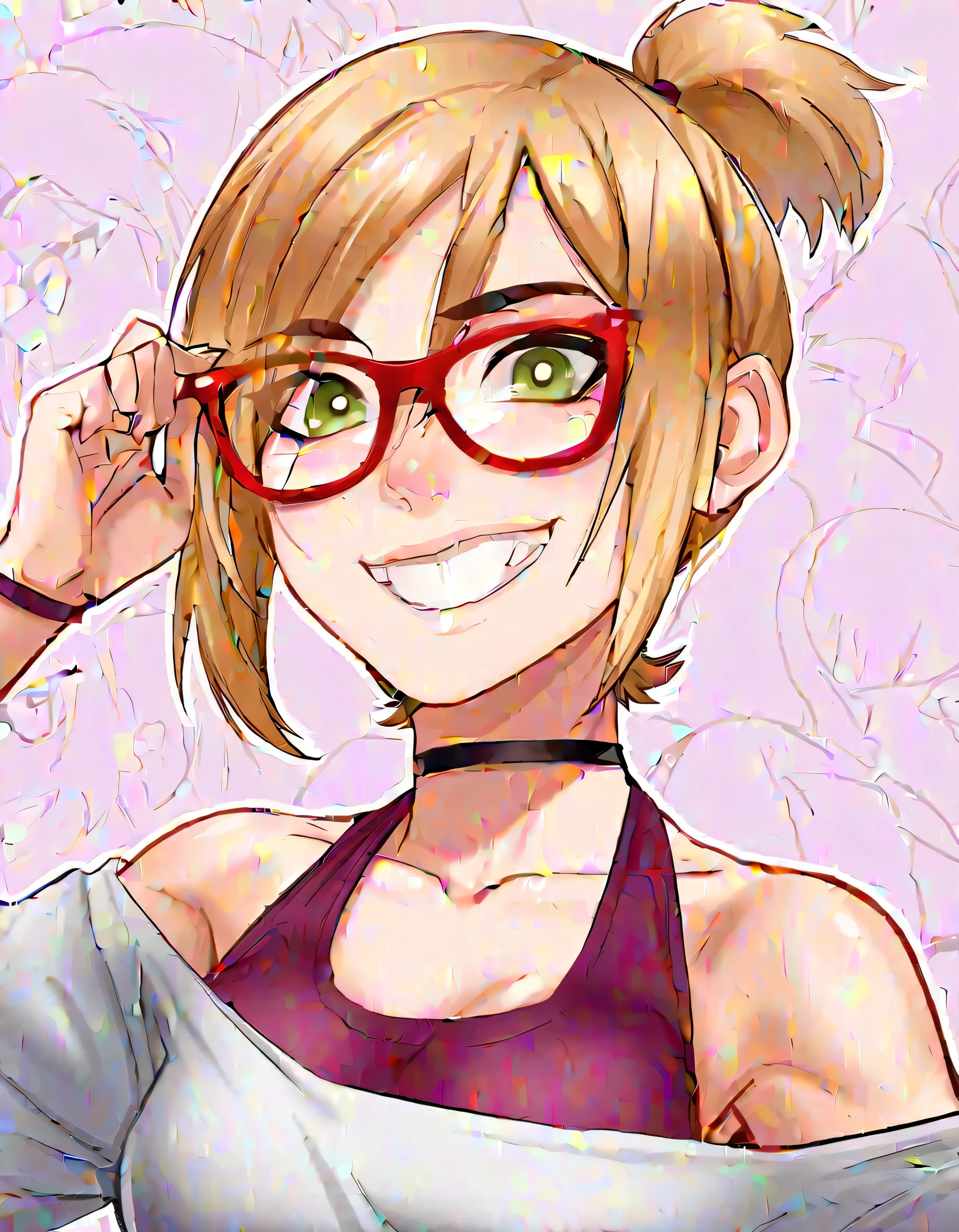 <lora:DarcyIllustrious1.0JLFO:1> darcy, glasses, 1girl, red-framed eyewear,short ponytail, short hair, blonde hair, teeth, , smile, choker, green eyes, small , looking at viewer, shirt, off shoulder,