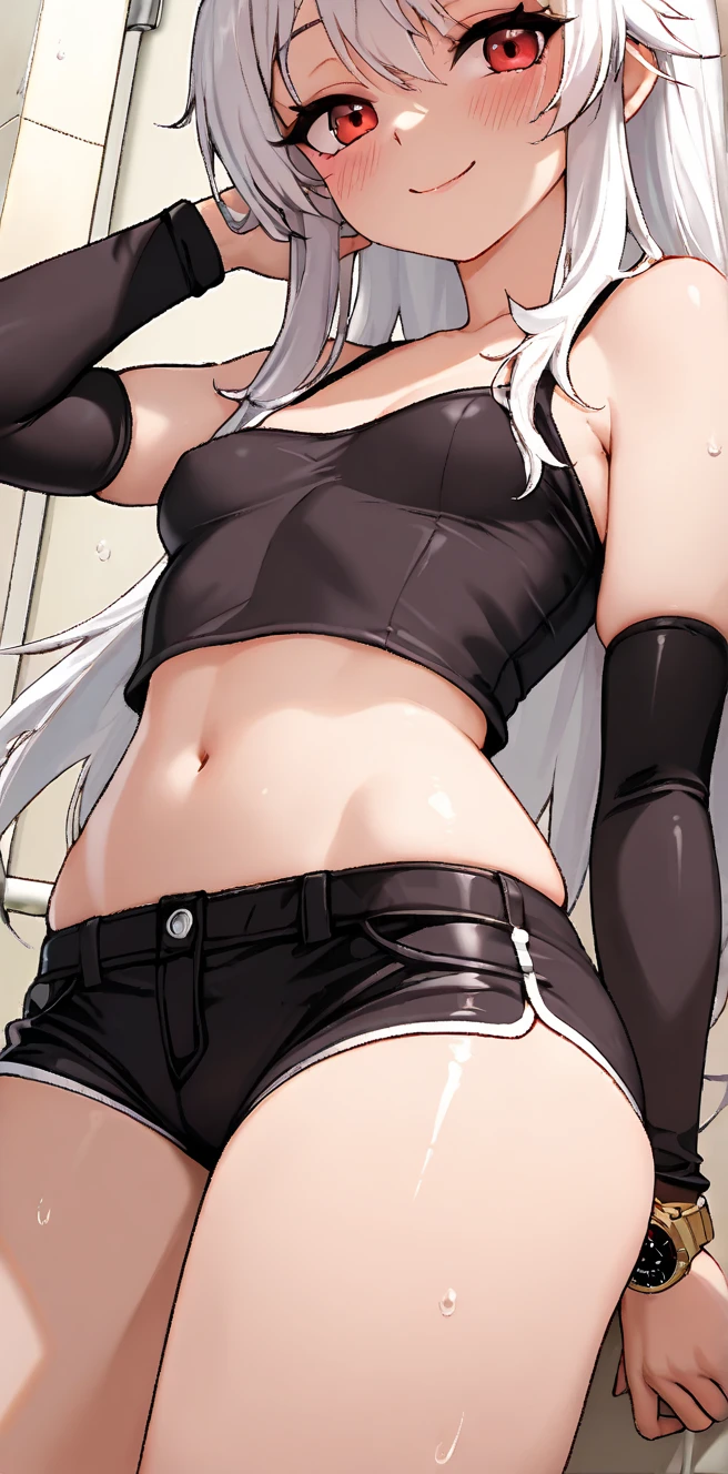 1boy, 177 cm, 57 kg weight, silver shoulder-length hair styled in a ponytail, large scarlet eyes, narrow waist, small cock, flat chest