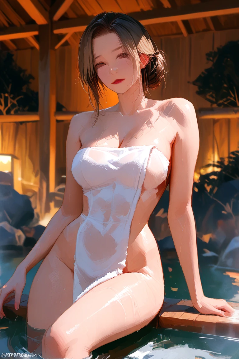 1female,35yo,plumw,extremely large bosom,Big breasts Thin waist,Long legs, 独奏,(Background with:Cherry blossom forest,lotus flower,Swimming pool),legs are open,Bare genitalia,Bare , She has short black hair,Stand on a huge lotus leaf,seen from the front, single hair bun, mostly cloudy sky,(((tmasterpiece),(Very detailed CG unity 8K wallpaper),best qualtiy,cinmatic lighting,detailed back ground,beatiful detailed eyes,Bright pupils,Black eyes,Snow-whiteskin,Redlip(Very fine and beautiful),(Beautiful and detailed eye description),ultra - detailed,tmasterpiece,))facing at camera,A high resolution,ultra - detailed),revealing breasts,Bare genitalia, Bulge,legs are open,Raised sexy,Camel toes,Flushed complexion,Desire for dissatisfaction,frontage,,White transparent swimsuit,Black tights,