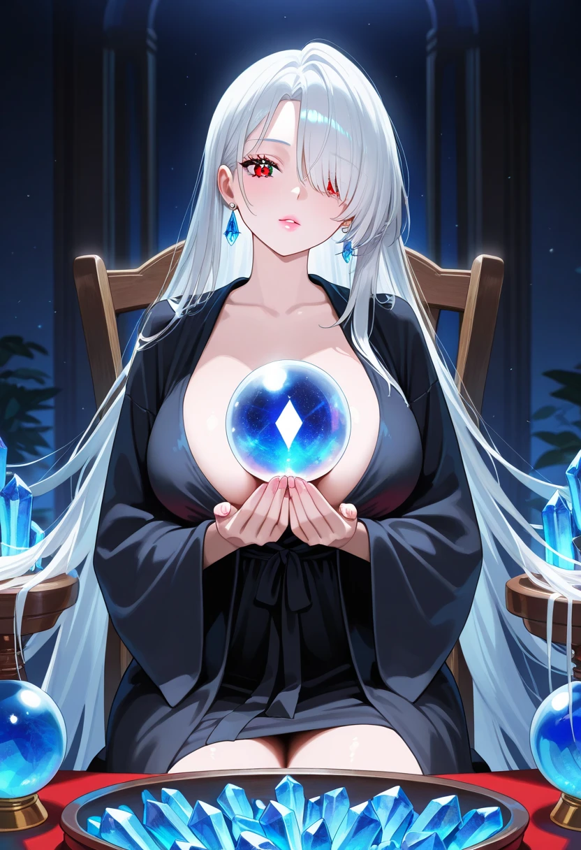 (masterpiece, best quality:1.3), (face focus:1.3), Yagokoro Eirin, Touhou Series, perfect face, expressive eyes, 1woman, looking at viewer, 38 years old, gorgeous body, big breast, beautiful, anime, lora,1woman, silver hair, braid hair, nurse cap, red and blue clothes, long skirt, , (corrupt, brainwashed, hypnotized, mind controlled:1.5), (evil look:2.0), (empty eyes, simple eyes, glowing black pupils:2.0), (cinematic lighting, realistic, dream-like, enchanting atmosphere:1.3), (photo of a woman in her dark and mysterious environment:1.3), (the woman surrounded by an aura of mystery and intrigue:1.3), (a dark and mysterious laboratory decorated with many flasks, each filled with colorful liquids:1.5), (a crystal ball nearby, adding to the mystical setting:1.3), (a hint of incense in the air, adding to the sensory experience:1.3),