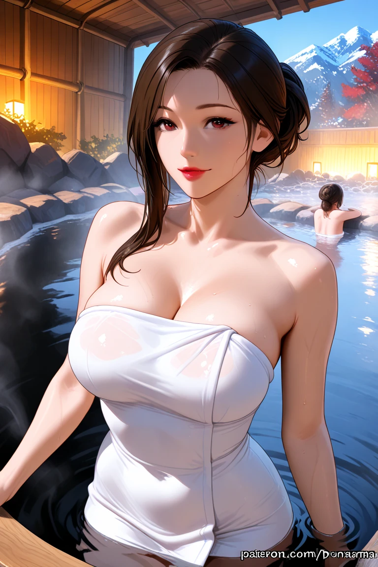 masutepiece, Best Quality、Realistic, ( Intricate details, depth of fields)、Hyper-Realism, 8K, Best Quality, Super Detail, retinas, ighly detailed, Perfect face, Perfect body, Huge breasts, Constriction, Very big ass, Glamour, indirect lighting, hair wavy、Shorthair、prety woman,A dark-haired、goddess of Japan、 the perfect appearance, Smile, Lolita, Oily skin、shinny skin、indirect lighting, Anatomically correct、Skin Texture、
Woman wearing pale pink bathrobe、Imagine standing in the spa area of a luxury hotel。She stood with her legs slightly open.、I'm in a pose with my shoulders pulled back and my back straight.。The relaxing atmosphere of the spa and the beautiful pool and plants spread out in the background。