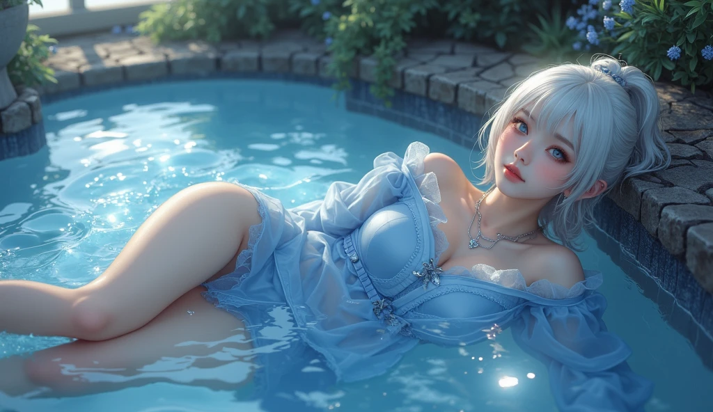 ((masterpiece 1.8)),ultra-detailed, 8K, High resolution, best quality, ((1girl)), ((solo)), ((from front:1.5)), (from above:0.9), looking at viewer, ((full body)), ((very beautiful and cute girl)), ((16years old girl)), (silver hair), (super long hair), (ultra-intricate pupil in eyes), (beautiful detailed iris in eyes), colorful detailed eyes,
((small bast)), (bangs), (french braid), ((slender)), parted lips, ((white chemise)), bare shoulders, wet clothes, ((see through)), ((no-panties)), ((no-bra)), ((no lingerie)), outdoor, horizont, ocean, ripple, water-world,beach, ruffles, (smile), ((sitting on the edge of the water)), ((wariza:1.5)), (front light), (back light),
(beautiful reflection:1.1),
(Prismatic light:1.2),
(sparkling light:1.4),
(beautiful light:1.2),
(fantastical light:1.3),
(prismatic reflection:1.4),
(soft reflection:0.8),
(natural reflection:1.1),
(sense of depth:1.4), (sense of depth:1.4),