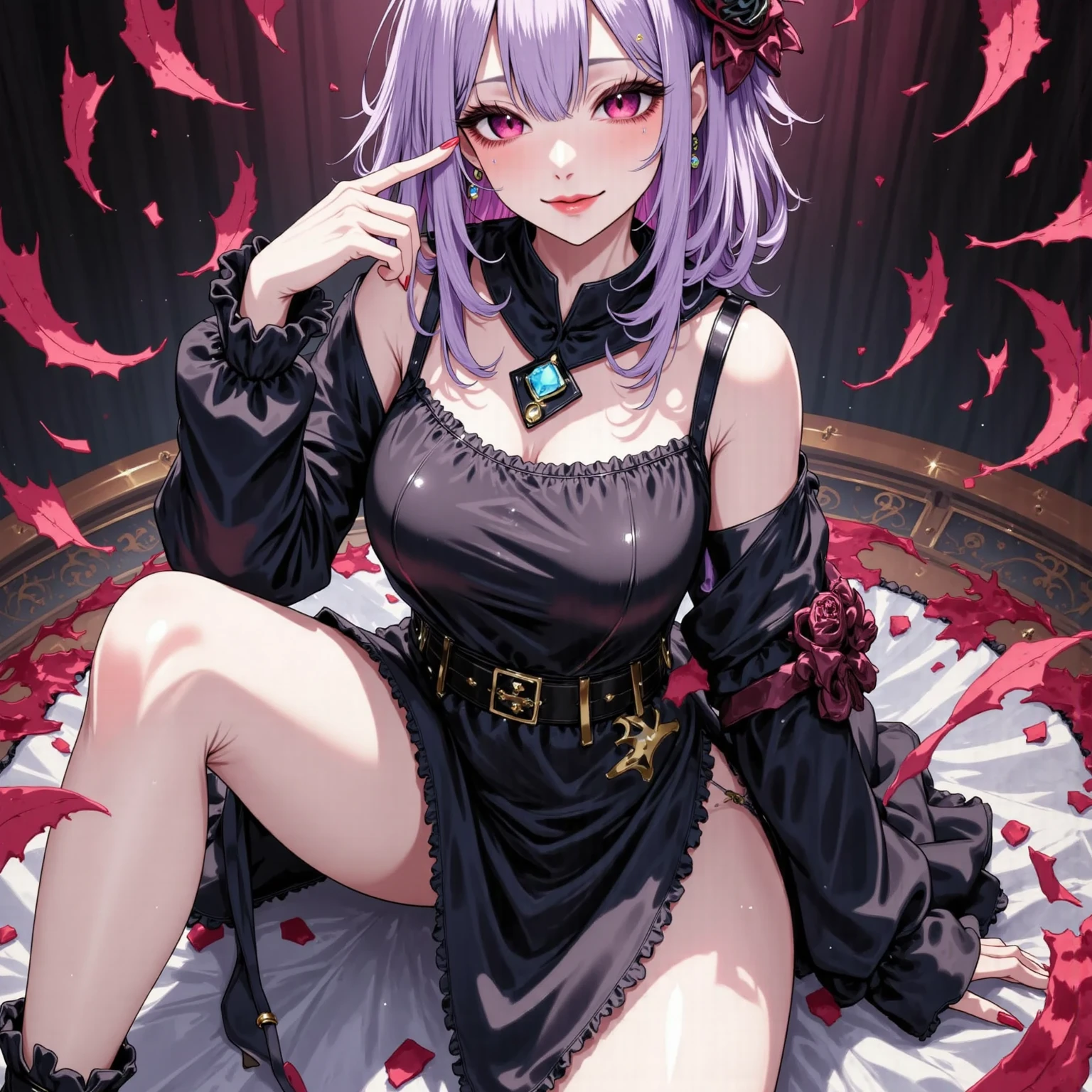 best quality、remilia scarlet(purple hair)、charisma、cool、kimono、fantasy、lying down in shallow water