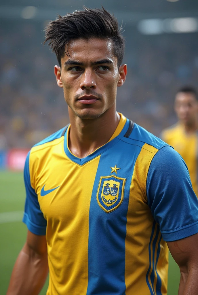 Create a drawing of the Colombian player Richard Ríos on the playing field against Argentina where he can be seen playing with the ball that has cartoonish characteristics
