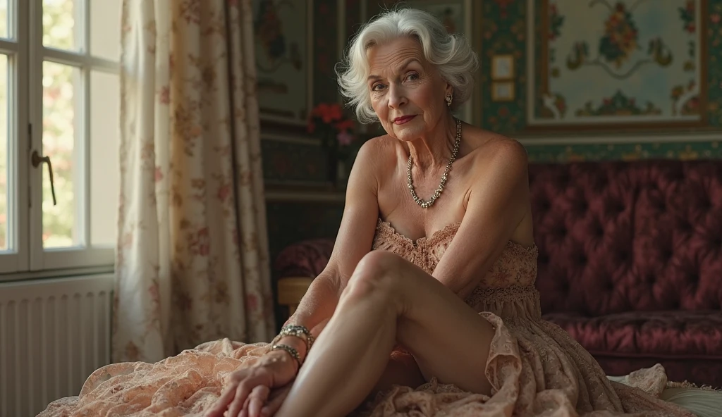 60 years old Aged women with loose skin wearing short and loose summer lace night gown dress red leg stockings inside luxury room full body view