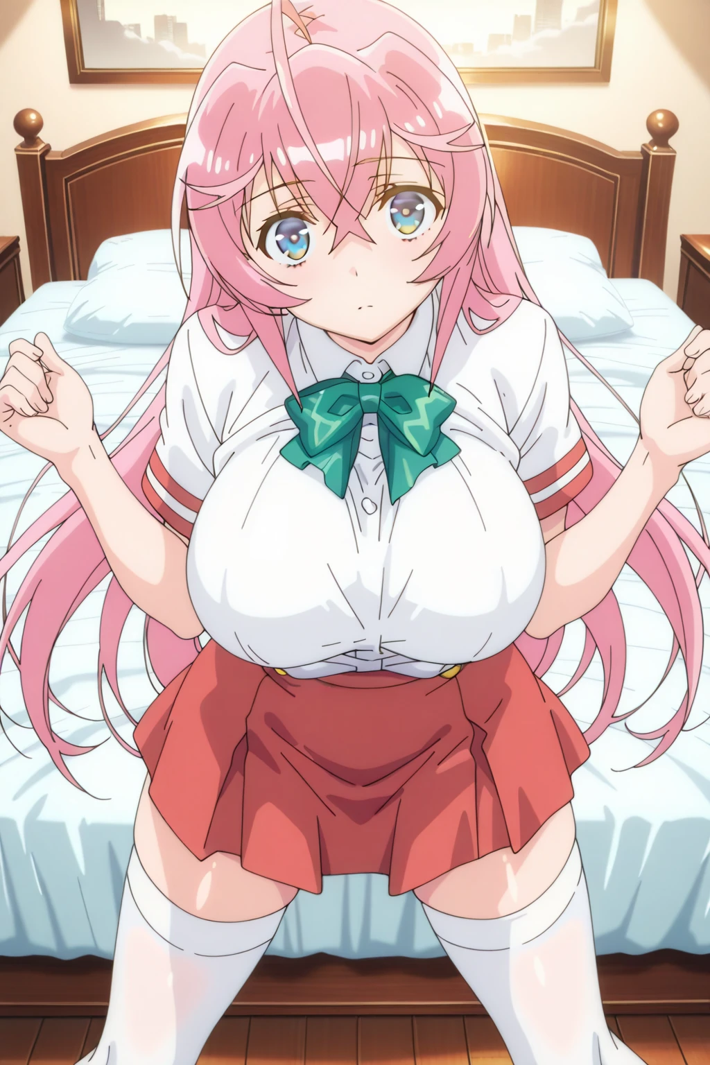 パンモロ、パンモロ、Without skirt、In underwear、Stripes々Underwear score_9, score_8_up, score_7_up, BREAK source_anime,best quality, masterpiece,anime screencap,source_anime,(ai-generated:0.8),
best quality, wery aesthetic,absurdres,
otmn,1girl,solo,
pwk hair,
large breasts,
smile,happy,w,
 white shirt,,short sleewes, red colored pleated skirt, green colored bowtie, white thighhighs, 
spoken heart, 
standwg,wawwg, 
w school,Panties - Fully visible、Stripes々Panties
、Without skirt、In underwear