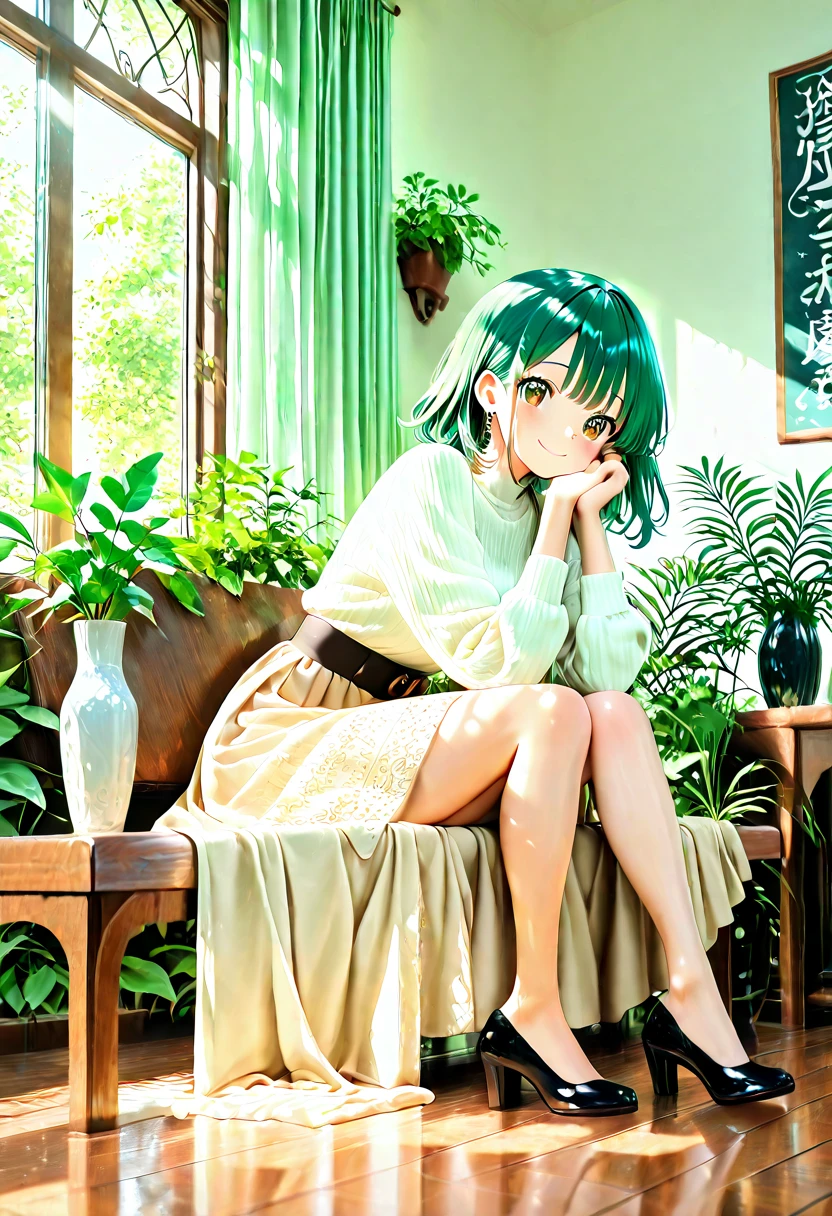 Chica joven, cabello color verde, se encuentra en una silla abriendo las piernas mientras esta completamente desnuda