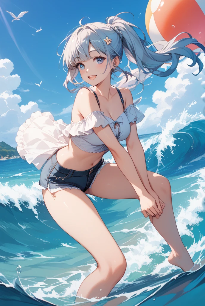 (Vulgar,nsfw),silver blue hair,((butts and back focus,looking back)),
(skirt lift,very windy),(beautiful elegant white panties),very low angle,from below),((masterpiece, highest resolution,best quality)), (beautiful illustration), ((Kamisato Ayaka in Genshin Impact)), ((semi long beautiful silver blue hair,blunt bangs,pony tail,beautiful blue eyes)),(solo),(beautiful elegant office blouse and black skirt,skirt lifted by the wind),(looking at the viewer), (walking around the beach,),
(innocent smile, Embarrassed),(white over-kneehighs,Lace chalker, wristband, fingerless gloves, over-kneehighs,
Lace chalker, diamond necklace,wristband, fingerless gloves, earrings), (cinematic lighting, very windy),beach, sand, blue sky, waves, coconut tree,fish,boat,sea gull,(from the ground),(beautiful elegant Underwear patterns),