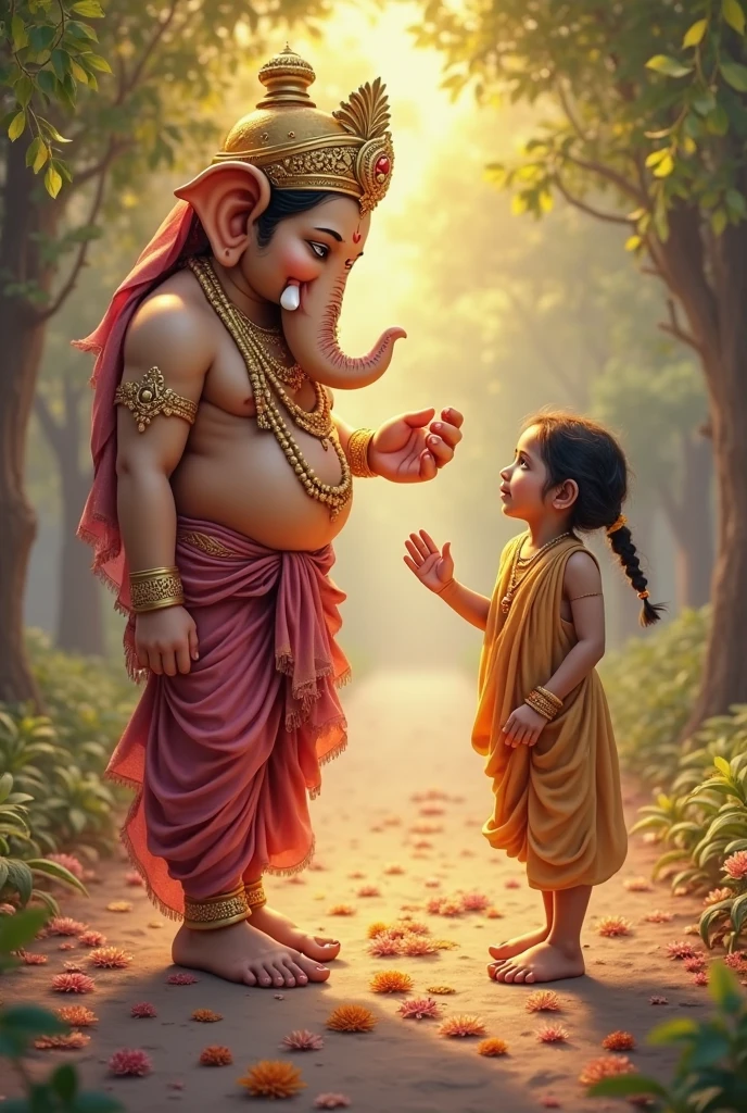 20 year old boy walking and holding hand with Lord Ganesha, boy is bare feet wearing saffron T-shirt with name "Manav" written boldly, environment is gorgeous, background is garden, both are in focus, ultra clear, hyper detailed image, Boy and Ganesh ji looking straight. Ganeshji cool pose change the face of a boy like cute and handsome boy age is 20 the height of ganeshji is taller than boy
