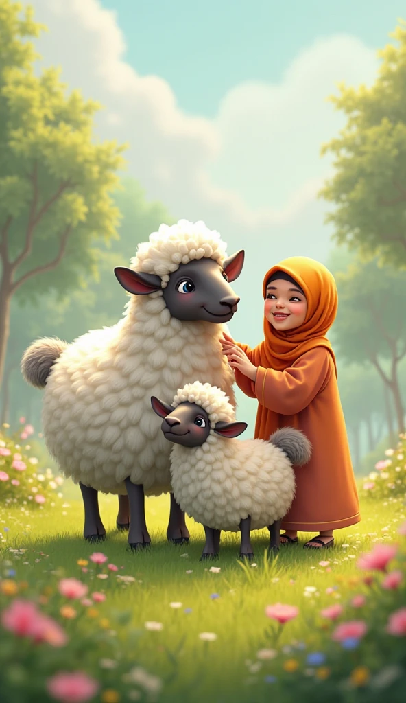 A family, each dressed in simple Muslim clothing, riding a sheep.. Indonesian people. Eid al-Adha. transparent background. Fresh green shades. facing the camera. Sheep standing on a circle of grass and a layer of soil on the edge
