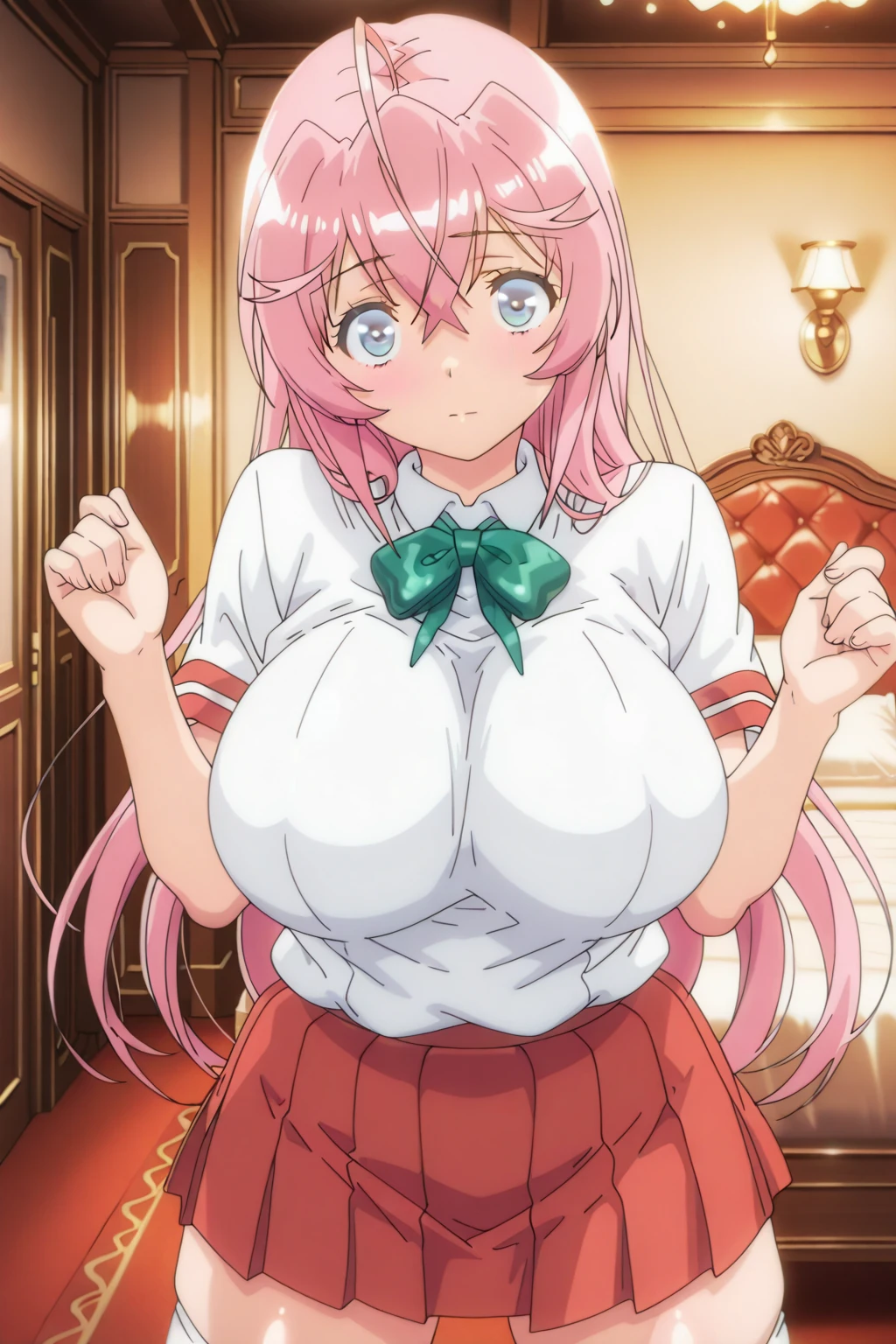 (((pixel perfect, Perfect in every detail))), alone, 1 girl,  pinot, white dress,(shirt lift),looking at the viewer,Multicolored hair,cleavage,(huge breasts:1.2),full bust,((busty)),((Round breasts)) ,Athletic breasts,slender,Skinny Body ,toned,
breath,sweat,wet,smirk,nose blush, heart-shaped pupils,(colored bra:1.4),(thin waist:1.4),(narrow waist:1.6),(toned stomach),blush,excited,from below