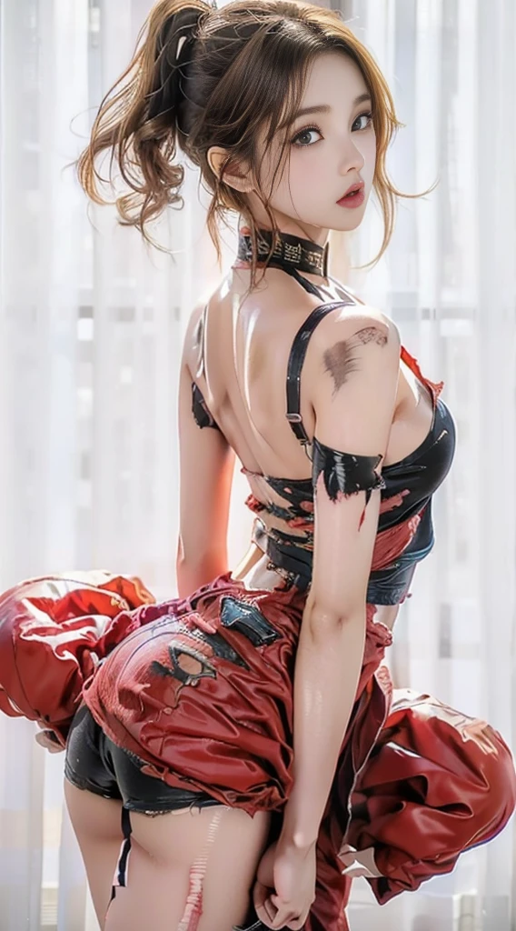 Adolescent, best quality, ultra detailed, redhead, yellow eyes, makima, electric saw man, anime, hair with braids, sexy corset, full body vision.