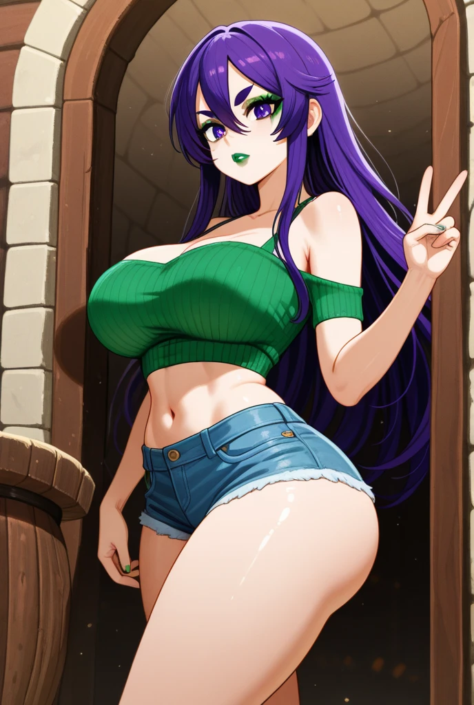 A tall sexy sensual beautiful girl with big breasts, long black hair, her brown eye, dresses in a purple green bra, shows her navel, and a purple denim skirt with a long purple heel.