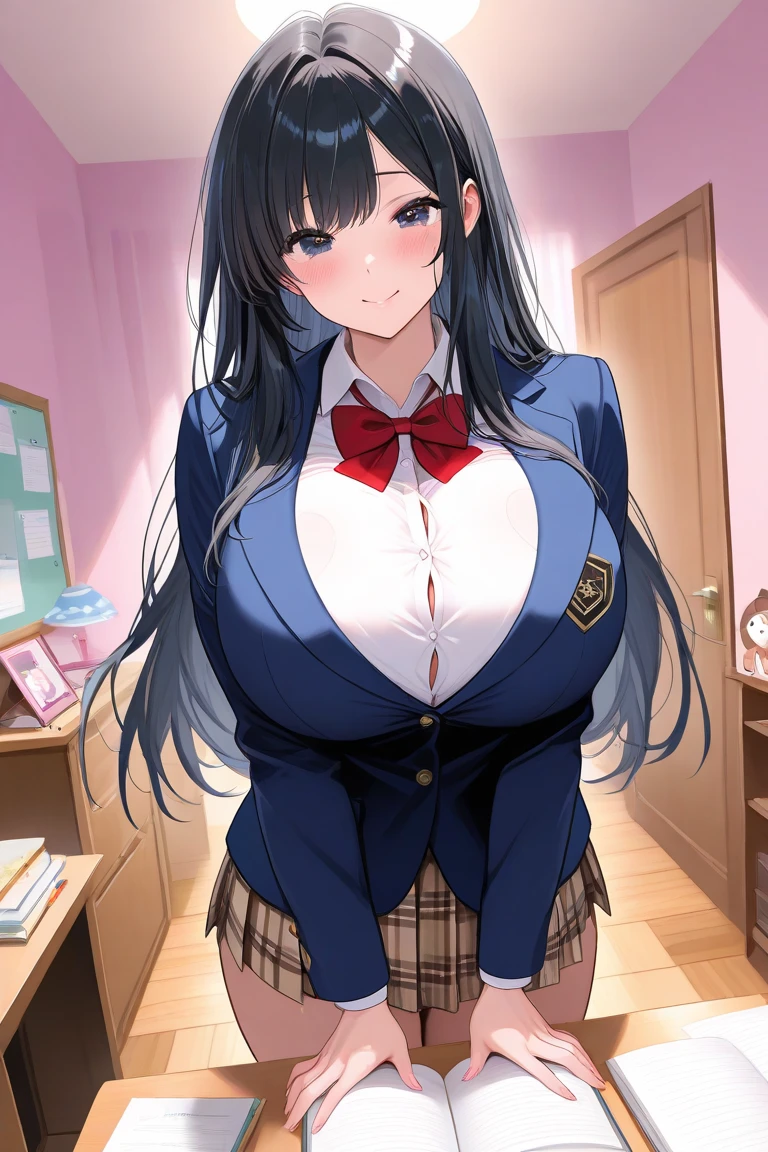 1girl, ((school uniform)), mature female, tall female, dark blue hair, black hair, long hair, wavy mouth, blue eyes, shy, timid, huge breasts, thick thighs, pantyhose, arms behind back, white skirt, skirt, red necktie, necktie, black jacket, jacket, pleated skirt, red glasses, glasses, ((black jacket)), ((white skirt)), ((red glasses))
