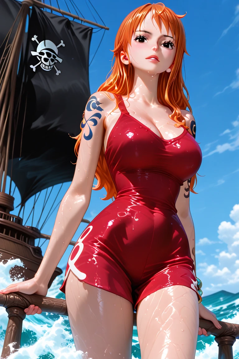 Sexy girl wearing (big diaper), ((Miss Fortune)), busty, (big breasts), wide hips, (latex), stockings, fishnets, (corset), (hypnotic), (magical), (blushing), pleasure, (orgasmic), colorful, ((mommydom)), ((pirate)), (pirate ship), ocean, sails, sunlight, tropical