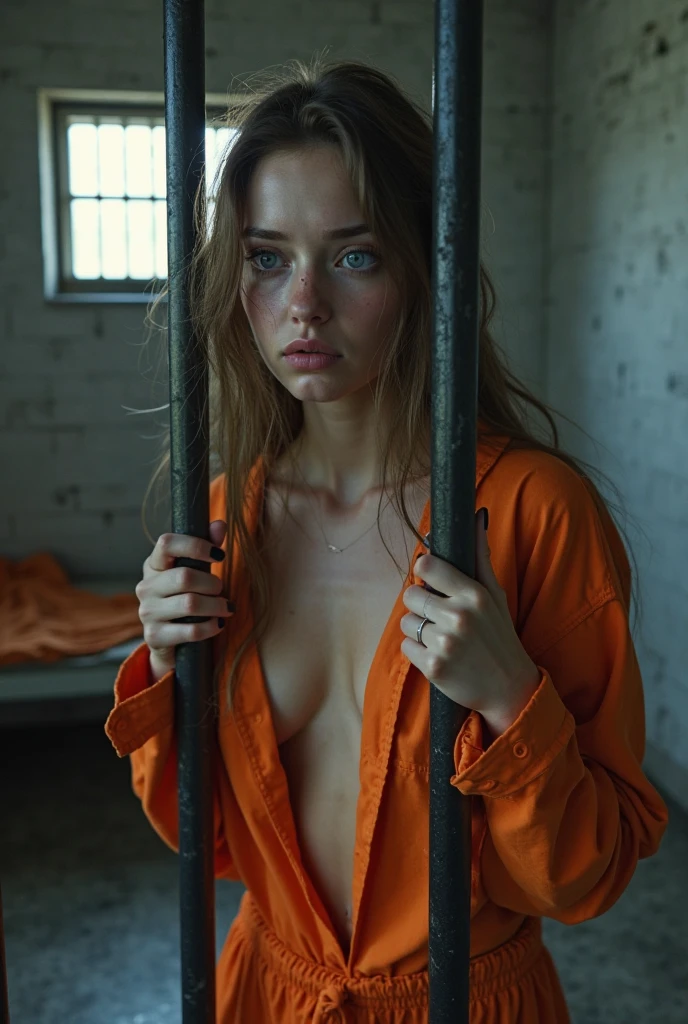 Beautiful girl, detailed blue eyes, long white niveous hair, detailed facial traits, abandoned prison, the girl is wearing ripped off clothes, she is chain-tied, naked breasts, naked nipples, dark cell, there is only one narrow window (metal bars), letting the lights in