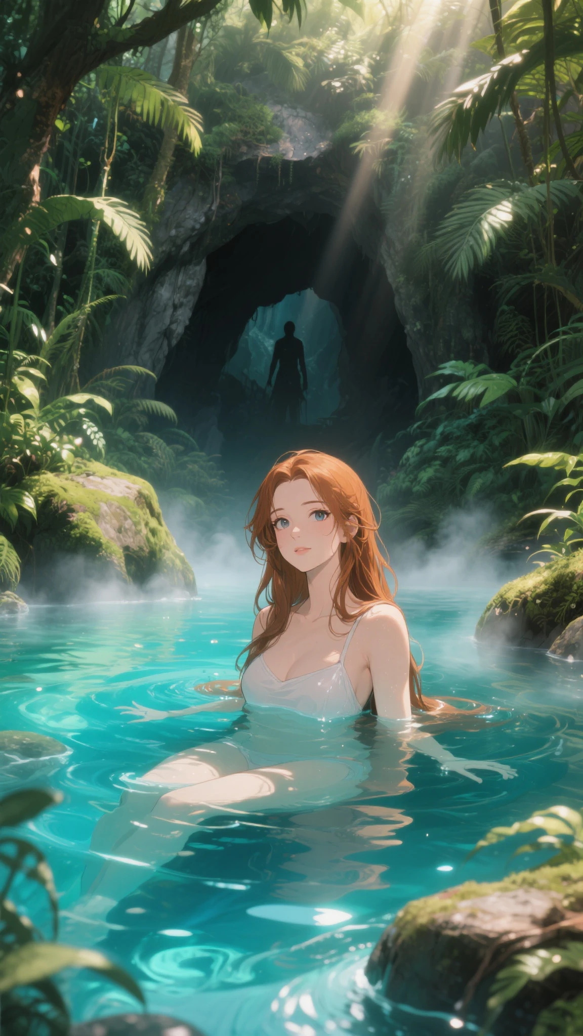 Exquisite (slim (skinny)) Girl 16 years old (with a perfect, very beautiful gentle face and almond-shaped eyes) (with a southern skin tone and soft lips) (with red hair) (with freckles) (costs (waist-deep in water)) ((nude)) (with tender (small beautiful breasts)) ((with soft pink nipples)) (Barefoot) In the middle of a big river (((on another planet))) ((with wide electronic bracelets on the arm and ankle)); (((unusual massive precious jewelry on the chest and wrists))), (((precious jewelry on the neck and chest))), (((unusual plants, Electronic devices))); ((Sunset Evening Amber Light)), (((backlighting, backlight, against the light of the setting sun, silhouette))), ((caramel soft warm shades)); (Warm summer late evening), ((Warm sunset light)); draw ((in watercolor style)); ((very beautiful exquisite face)); (High image quality, High detail), ((Discreet shades, imitation of film photography, diffused soft light)); ((big alien eyes), (skinny)); ((delicate mint shades)), (sfumato)