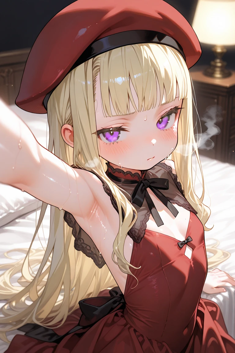 (best quality:1.2), (ultra detailed:1.2),(masterpiece:1.2),(8k:1.2),(1girl, shiranui flare, dark skin, 独奏, long hair, blonde hair, streaked hair, pointy ears, grey dress, beret, black choker, black jacket, long sleeves, sailor dress, red eyes, black ribbon, frills, bangs, open clothes, striped dress, open jacket, collarbone, white hair, black dress),(Blessed,Captivating body、huge breasts,Ultra detailed hands、Ultra-detailed eyes、Ultra-detailed skin、ultra-detailed face,Detailed Background),One Girl、(bedroom,lie down,arms up:1.5),(blush、Embarrassed、Embarrassing:1.5)