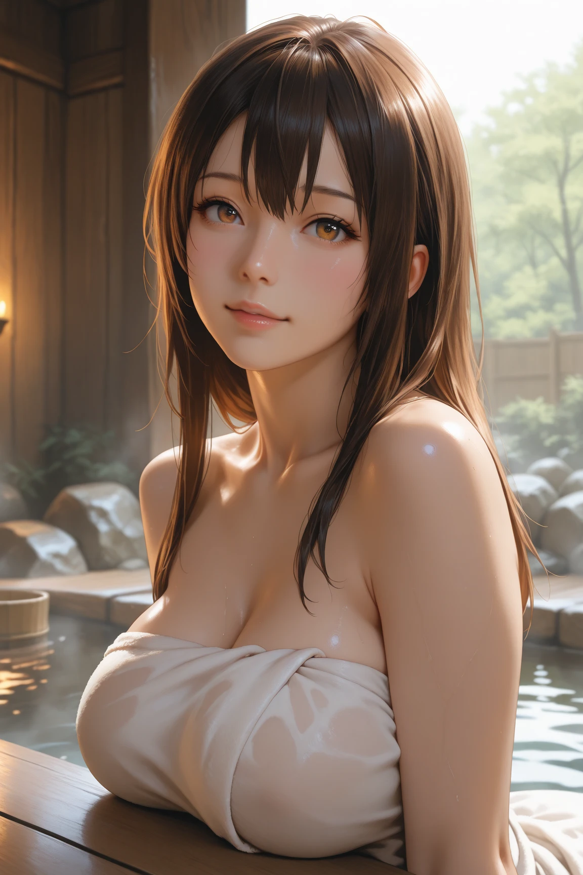 Female lovers kissing naked woman wearing bath towel in Japanese hot spring at night, (SFW) Work, kissing together cutely, Girl Love Art, OPPEIN, Side milk, Slightly saggy big breasts, small breasts, (((Extra long yellow curly hair))), (((Brown shoulder-length straight hair))), (girl love kiss), The mouth is very detailed,  (girl love hug), touch her clothes, (touch her breasts), ((steam:1.2)), ((sweat)), ((wet hair)), SFW version