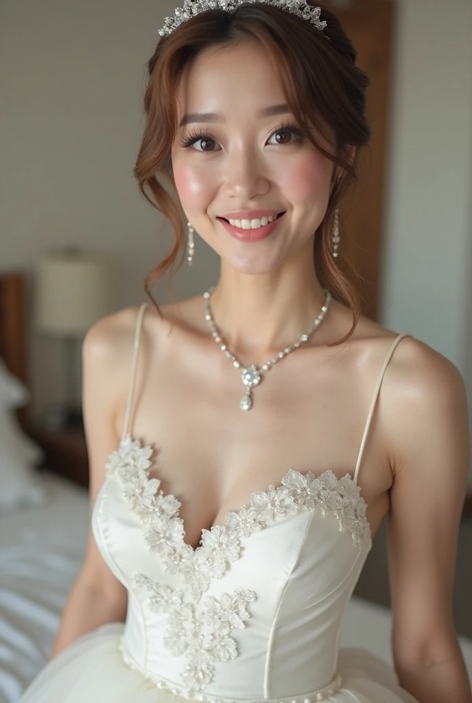 (1girl), ponytail, Extremely cute face, Amazing face and eyes, (Highly detailed eyes, Highly detailed face), fresh, Very clean appearance, (Hyper-realistic, hight resolution), (Best Quality:1.4), (hyper quality), Authentic skin texture, Raw photo, (Realistic, Photorealsitic:1.37), highly detailed, Professional Photography, (beautiful lace bridal dress:1.5), (lace bridal dress with open front), (cleavage:1.2), (Bare shoulders), Smile slightly, (Staring at me), luxury living room, 