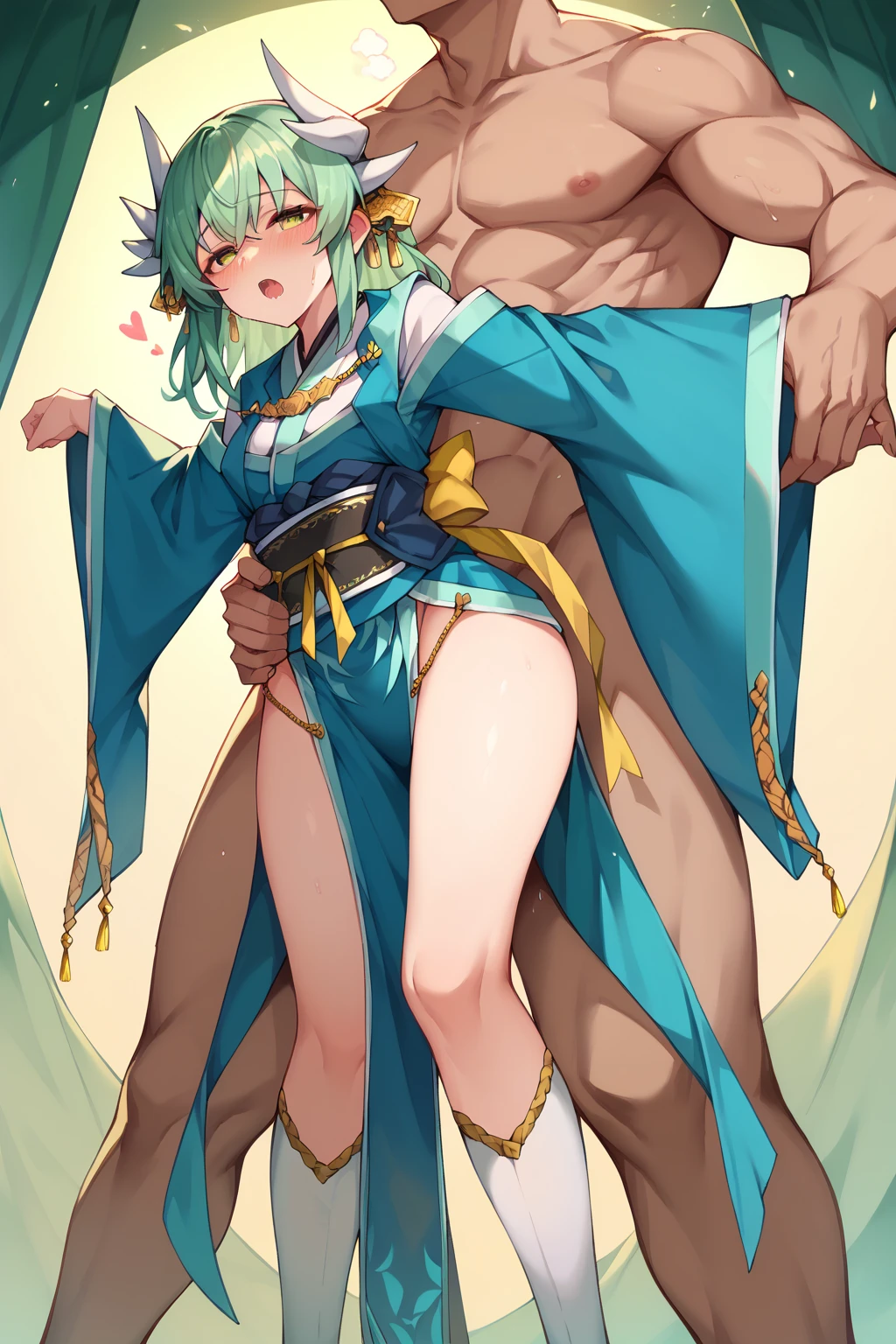 score_9, score_8_up, score_7_up,excessive cum, cum in anal, face to face, Missionary, source_anime, duo, gynomorph/male, dominant gynomorph, futa on male, humanoid/human, human on anthro, interspecies, big dom small sub, height difference, penis size difference, age difference, standing, blush, 2 penises, small penis, huge penis, balls, erection, futanari, (orange skin:1.3) dark black hair, very long hair,,oni, horn, (Large Breasts:1.2) , kimono, larger female, (muscular female:0.8), (giant:0.8), voluminous hair, girly femboy, white skin, smaller male, dress, flat chest , dark Green Hair, straight hair, short hair, futanari
