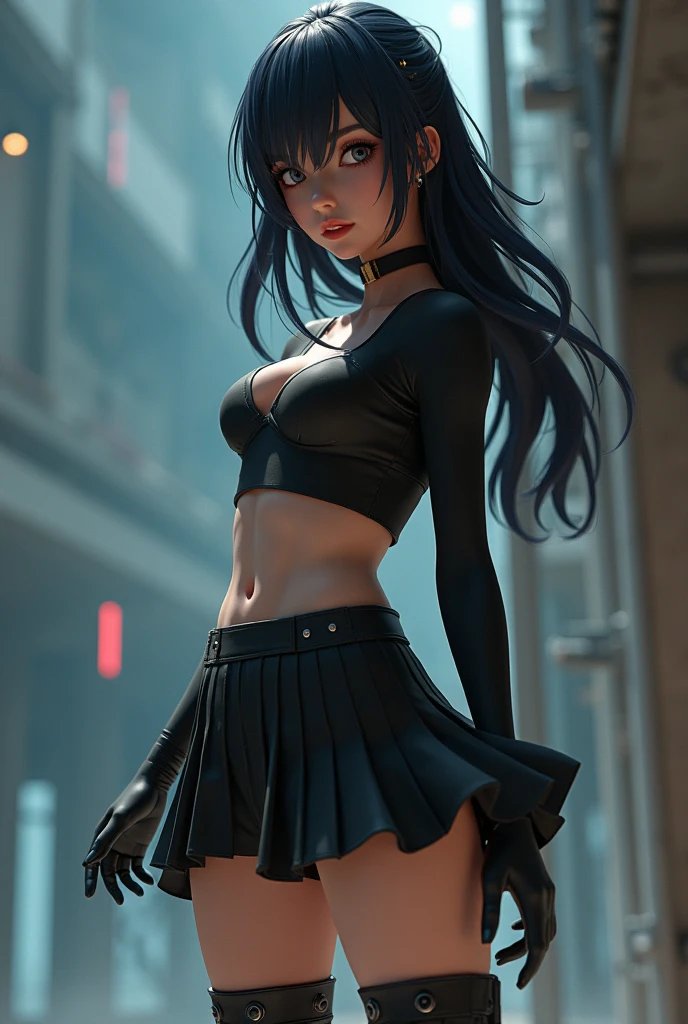 (Alexandra Daddario), ((1girl)), ((cinematic light)), colorful, hyper detail, dramatic light, intricate details, best quality, (extremely detailed CG unity 8k wallpaper, masterpiece, best quality, ultra-detailed, best shadow), (detailed background:1.4), (beautiful detailed face, beautiful detailed eyes), High contrast, (best illumination, an extremely delicate and beautiful),(girl:1.5), solo, black skirt, blue eyes, long hair, music, one side up, black hair, pleated skirt, black shirt, (Sacramento outdoor) dynamic angle,beautiful detailed glow,full body, cabelo ondulado, cheerio, cheerleader, legging, teen, 15 yo