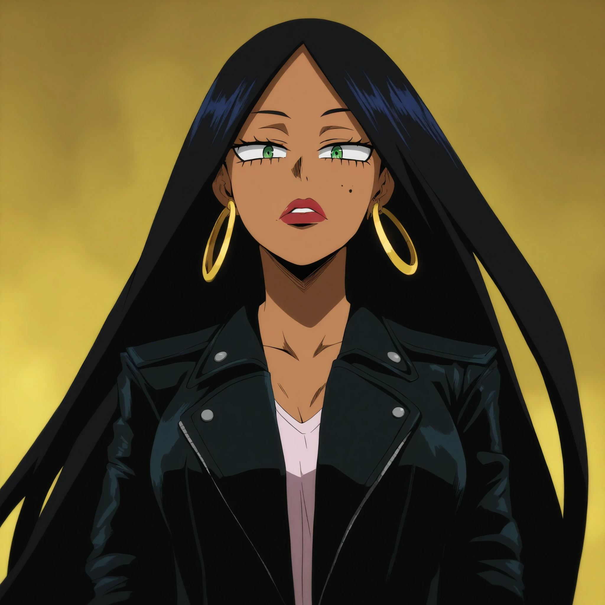 masterpiece, best quality, looking down at viewer, 1girl, green eyes, long black hair, tan skin tone, red lip gloss, gold hoop earrings, black leather jacket, 1 mole on right cheek, filipino-brazilian, boku_no_hero_academia_style,