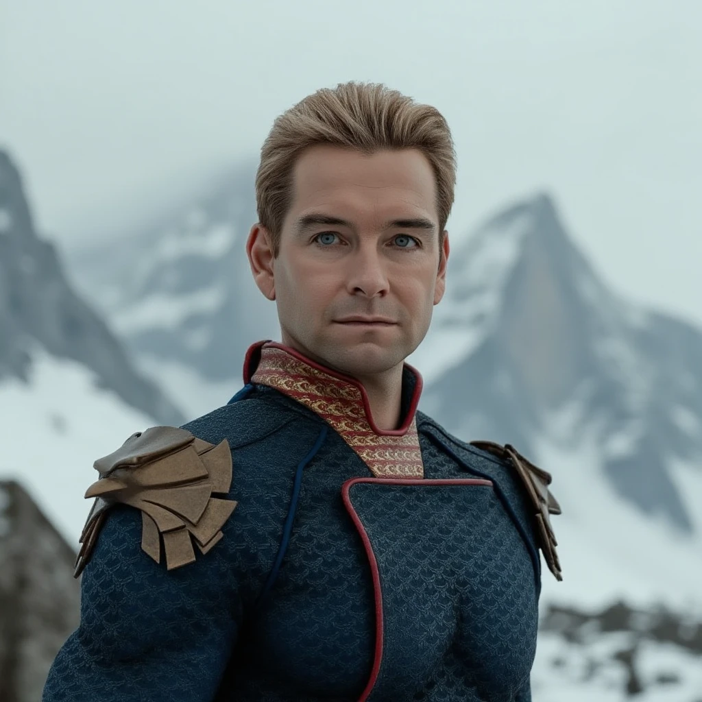 A man wearing the Homelander costume from The Boys show