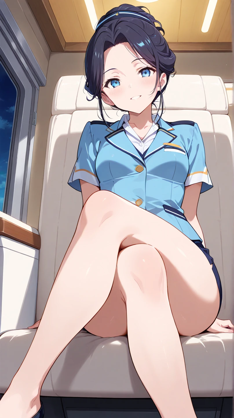 an Indonesian girl lying on the floor of the plane cabin, on top of him there was a woman sitting smiling.  in dark blue flight attendant uniform, mini skirt.  cheerfully