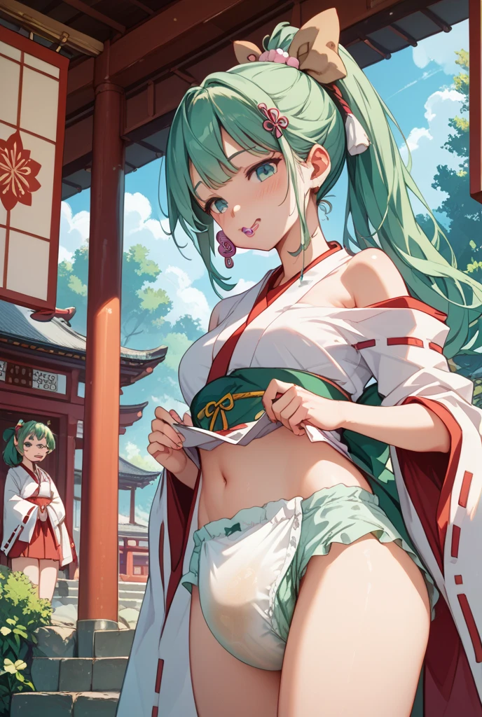 NSFW,Long Hair、Green Eyes、bangs、Pointed Ears、hair ornaments、White Hair、Symbol-shaped pupil、Multicolored Hair、Side Ponytail、Gradient Hair、Green Hair、Hair between the eyes、Cross-shaped pupil、smile、gem、葉っぱのhair ornaments、bracelet,Shrine maiden、kimono、Sleeveless,Hakama Short Skirt,Big Breasts,(Sideboob:1.5),(Perfect hands),(Perfect Anatomy),(masterpiece),(highest quality),(Embarrassed:1.5),blush,Shy laugh,shrine,torii,Japanese style