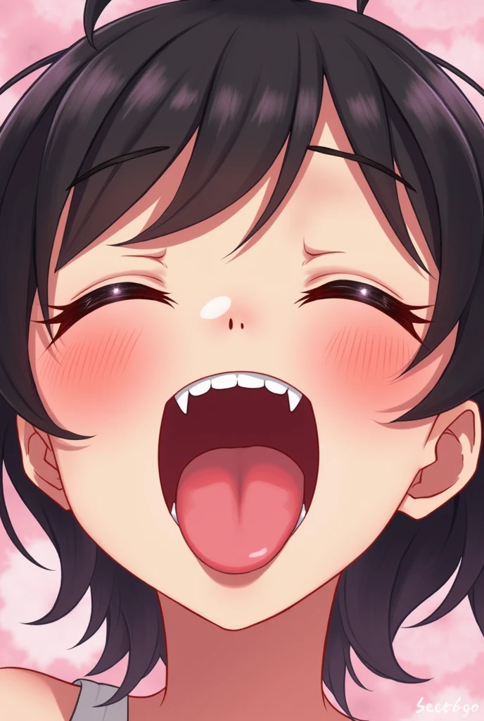 nsfw,pov,portrait,1 girl,black hair,Tongue out,Androgynous,medium hair,sidelocks,Covered nipple,legs,masterpiece,best quality,very aesthetic,absurdres,upper body,straight-on,large,Covered,Smile,(upturned_eyes),From above,cum in Tongue,Ahegao,attractive,(Bukkake:1.5),(happy),(Steam:1.3),(Open Mouth:1.3),(Gym Uniform),(White shirt),(heart:1.3),(trembling),(Text Background)