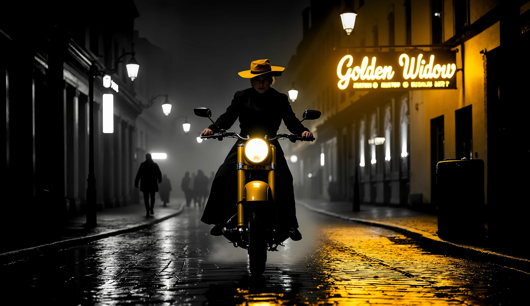 A cinematic night scene on a narrow European street. A mysterious woman in a long black coat and a wide-brimmed yellow hat rides a vintage yellow motorcycle straight towards the camera. The setting is noir-style: a black and white cityscape with only the motorcycle and the woman in rich colors. The rain-slicked cobblestones reflect the warm glow of streetlights. A thin mist drifts in the background. A yellow neon shop sign on a building reads ‘Golden Widow’ in elegant retro script, similar to the neon signs of the 1950s. The mood is dark, glamorous, and dramatic — like a scene from a stylish spy thriller.