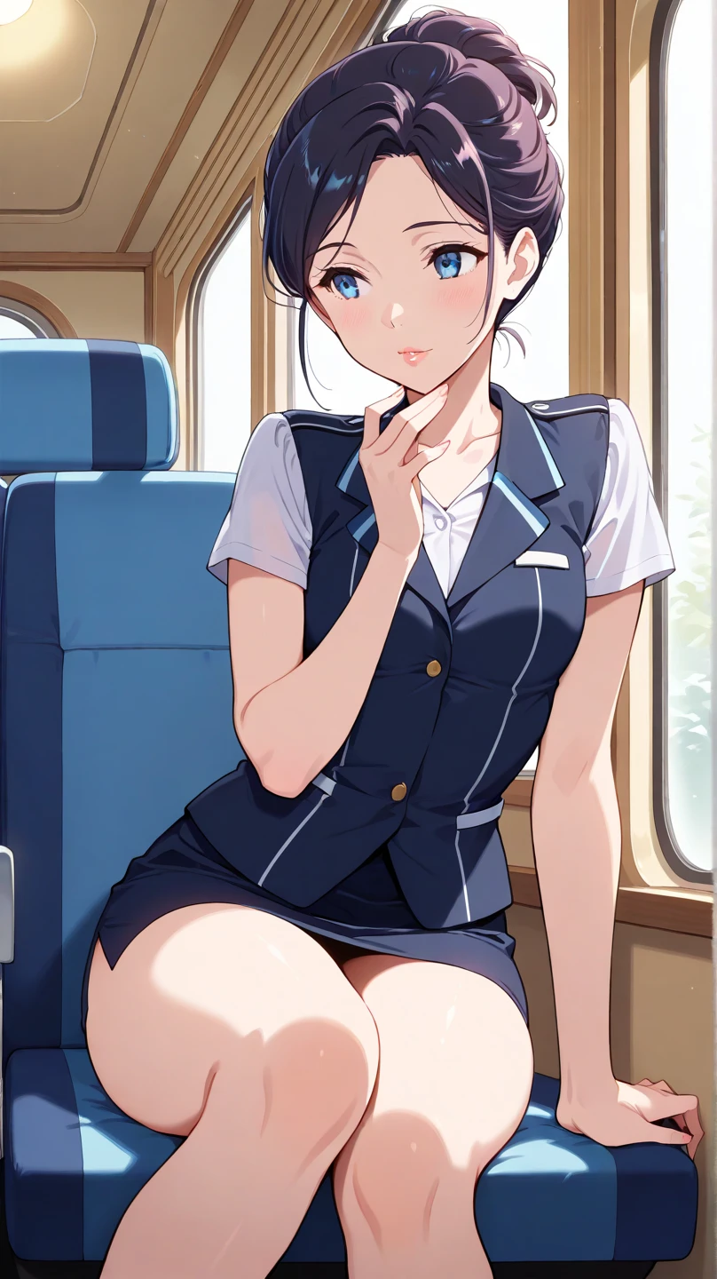 (1 person、solo), Beautiful woman, Anatomically perfect body, thin、(stewardess、Cabin attendant, Japan Air Line uniform), (Look down:1.1), (extra detailed panty), (Pussy juice:1.1)、(Embrace your chest:1.2)、20-year-old、(highest quality)、Black Hair, (half updo), On board the plane、(8k, High resolution)、(shy:1.4)、Mid-chest, (steam:1.1), (embarrassed:1.3), Erect nippleultiple angles